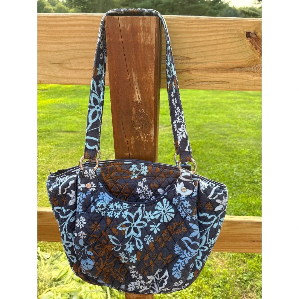 Vera Bradley Night and Day Quilted Floral Shoulder Bag Navy Blue Tote